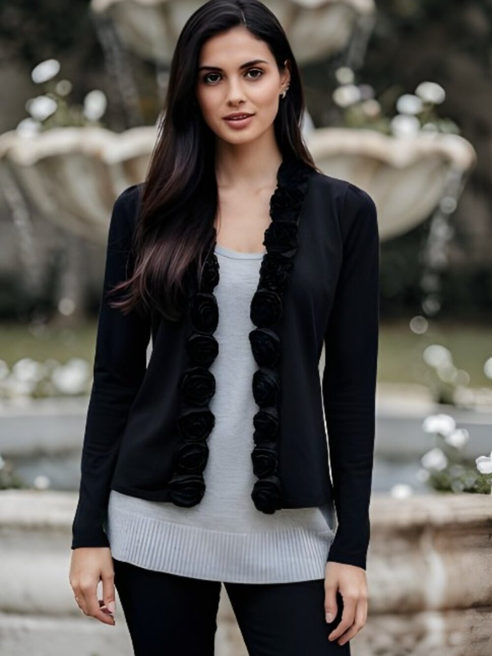 Red Brand Black Cardigan with Fabric Roses Size Medium Like New Condition